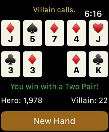 Poker gameplay showing winning hand with Two Pair