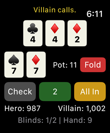 Poker hand showing community cards and betting options